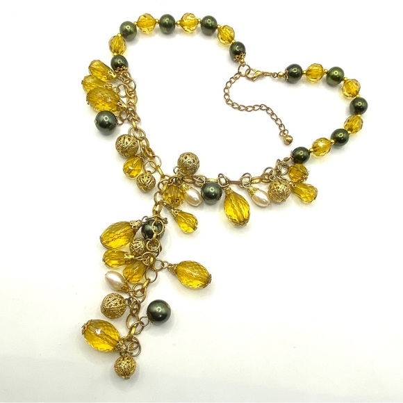 Gold Tone Green & Gold Filagree Beads Drop Statement Necklace - Picture 7 of 8